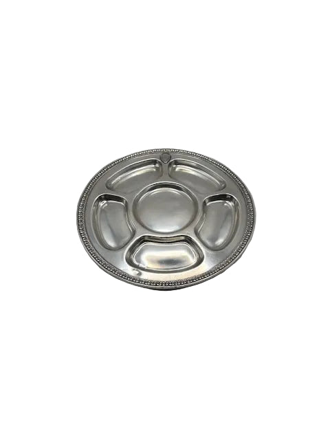 Vintage Gorham silver plate divided serving tray with five sections and beaded rim, angled on white