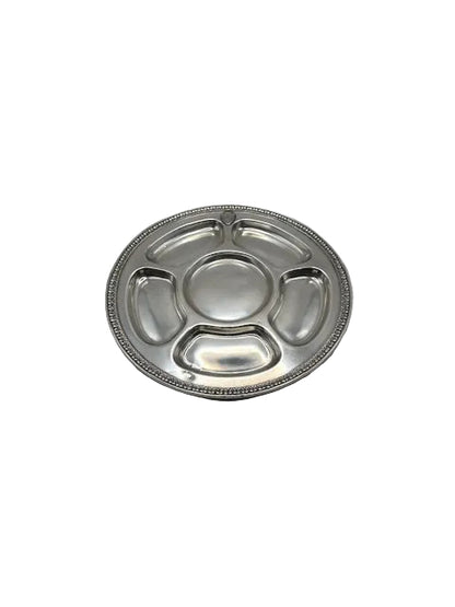 Vintage Gorham silver plate divided serving tray with five sections and beaded rim, angled on white