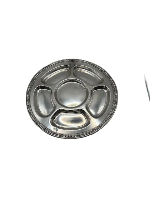 Vintage Gorham silver plate divided serving tray, top view with five compartments on white