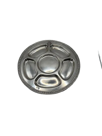 Vintage Gorham silver plate divided serving tray, top view with five compartments on white