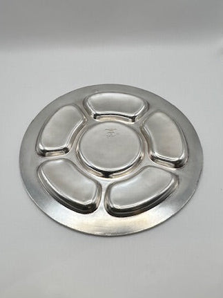 Vintage Gorham silver plate divided serving tray, angled top view on gray background