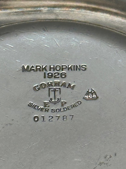 Underside of Gorham tray showing Mark Hopkins 1926 hallmark and Gorham silver soldered mark