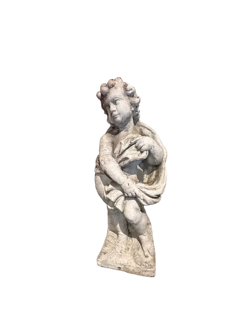 Vintage concrete "Winter" Four Seasons statue: draped child figure, full front view, weathered patina