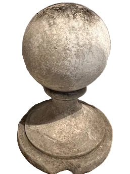 Single weathered concrete garden sphere on molded round base, aged patina with rust tones