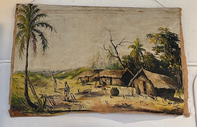 Vintage tropical scene painting with figures, palms and thatched-roof dwellings