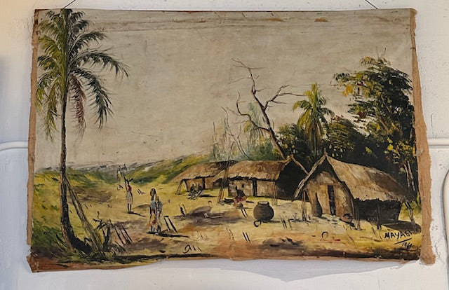 Tropical village painting on flour-sack canvas hung on a wall, palm trees and huts