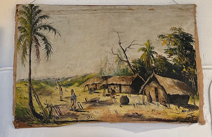 Tropical village painting on flour-sack canvas hung on a wall, palm trees and huts