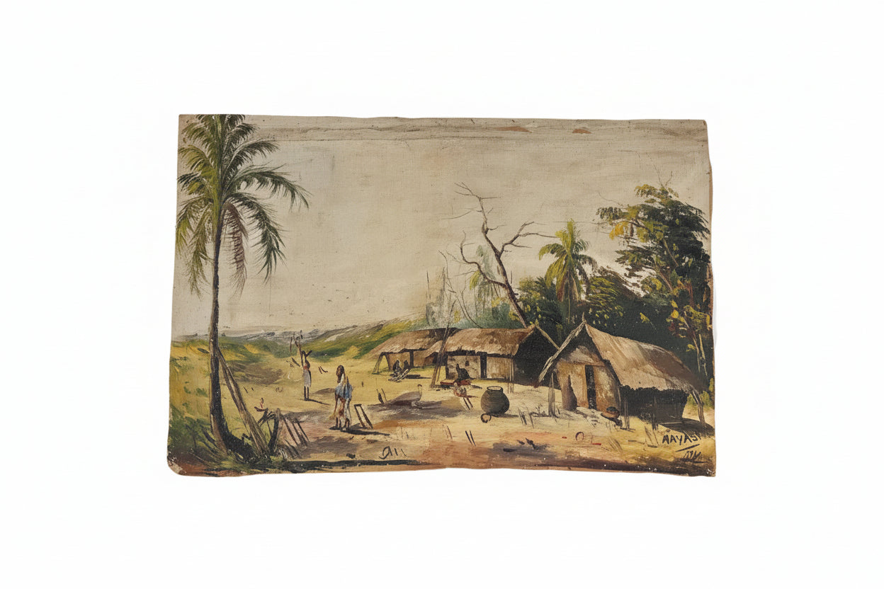 Vintage outsider painting of a tropical village scene with palm trees and thatched huts