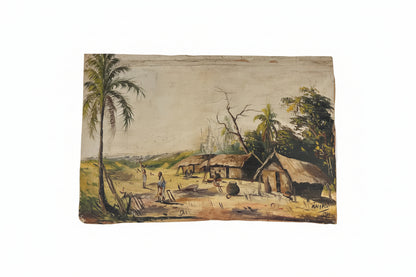 Vintage outsider painting of a tropical village scene with palm trees and thatched huts