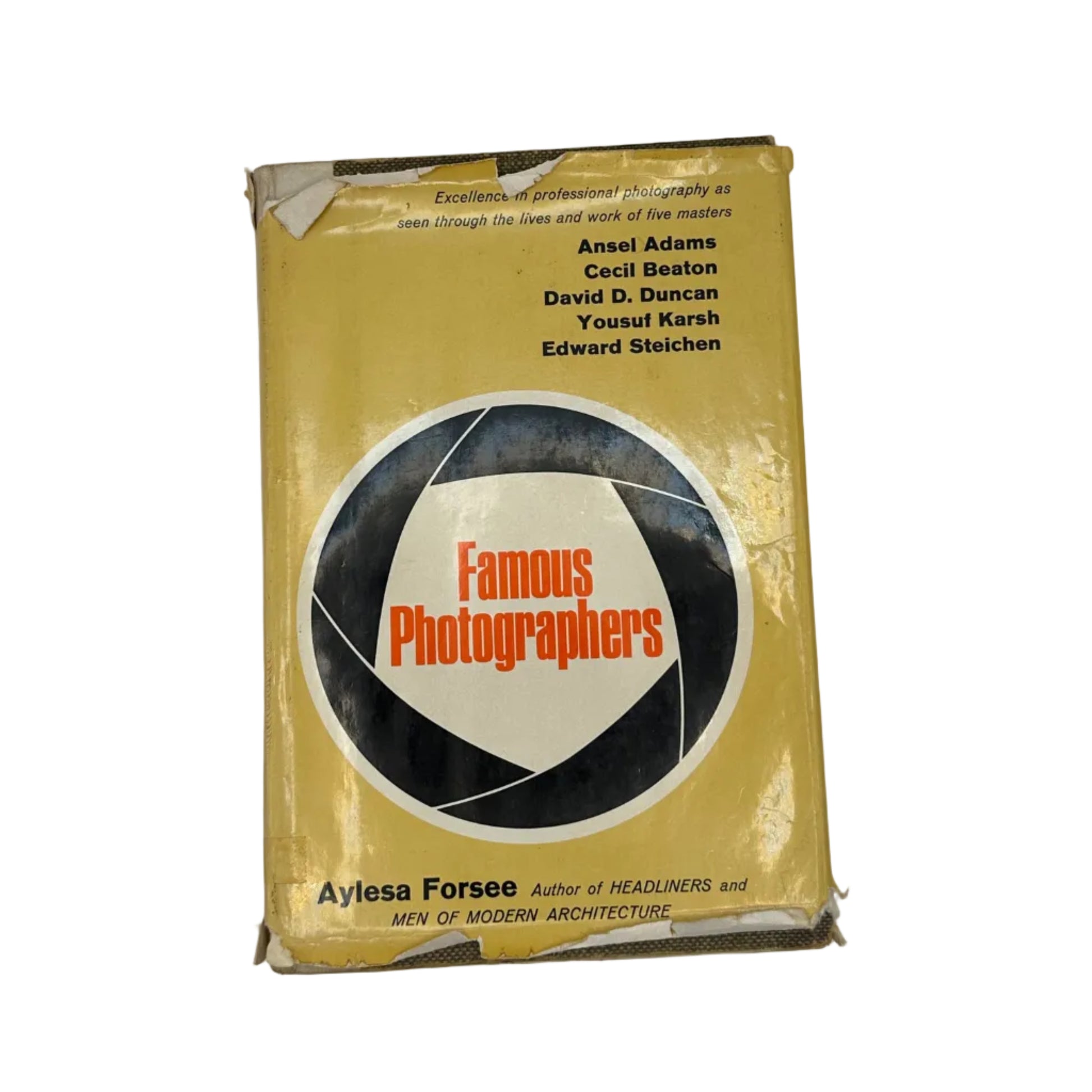 Cover of "Famous Photographers" by Aylesa Forsee, yellow dust jacket with camera aperture graphic