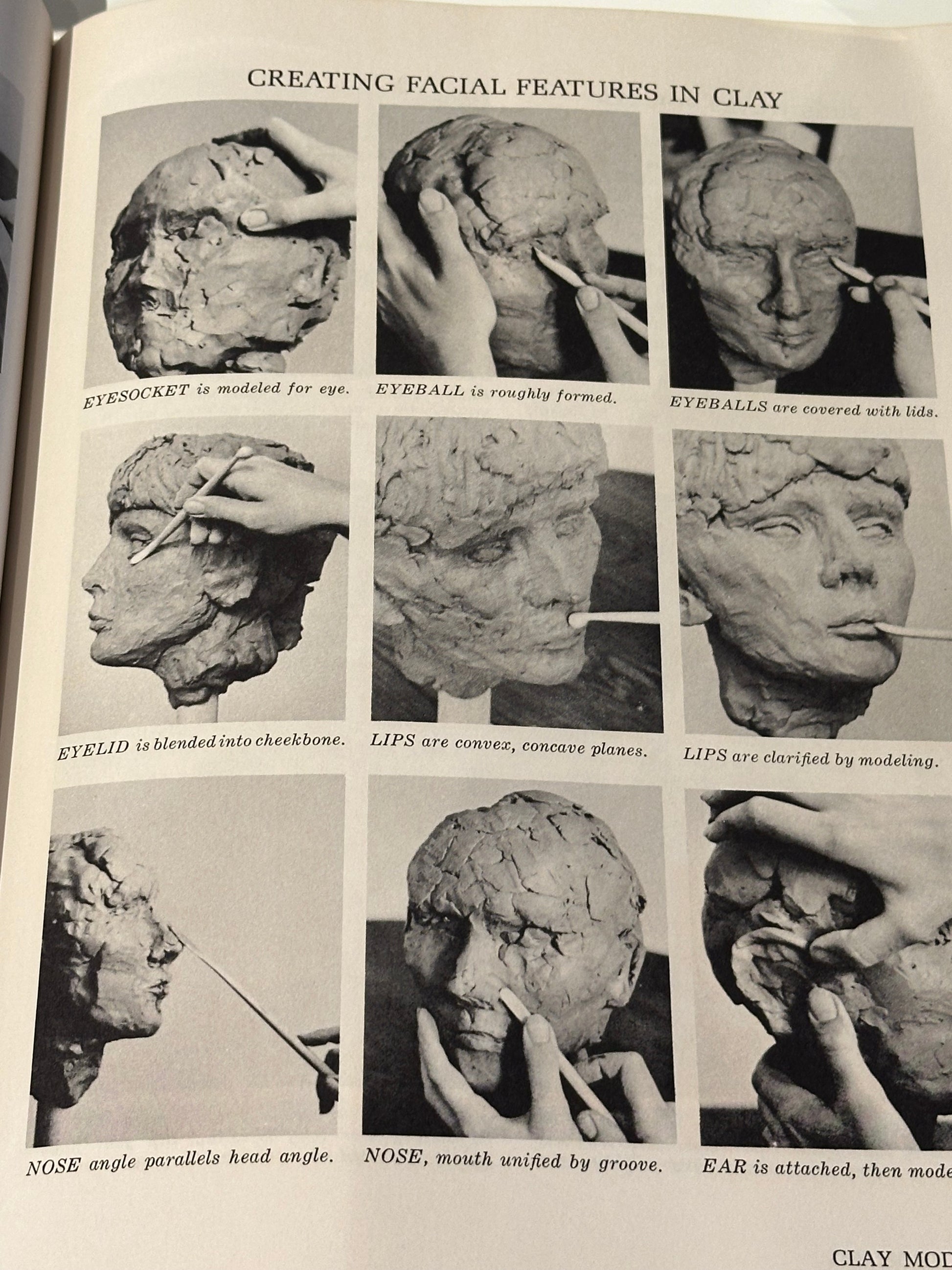 Book page "Creating Facial Features in Clay" with nine photos of hands modeling a clay head