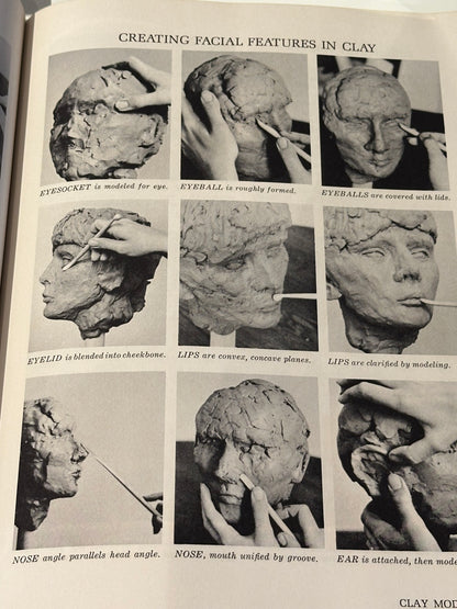 Book page "Creating Facial Features in Clay" with nine photos of hands modeling a clay head