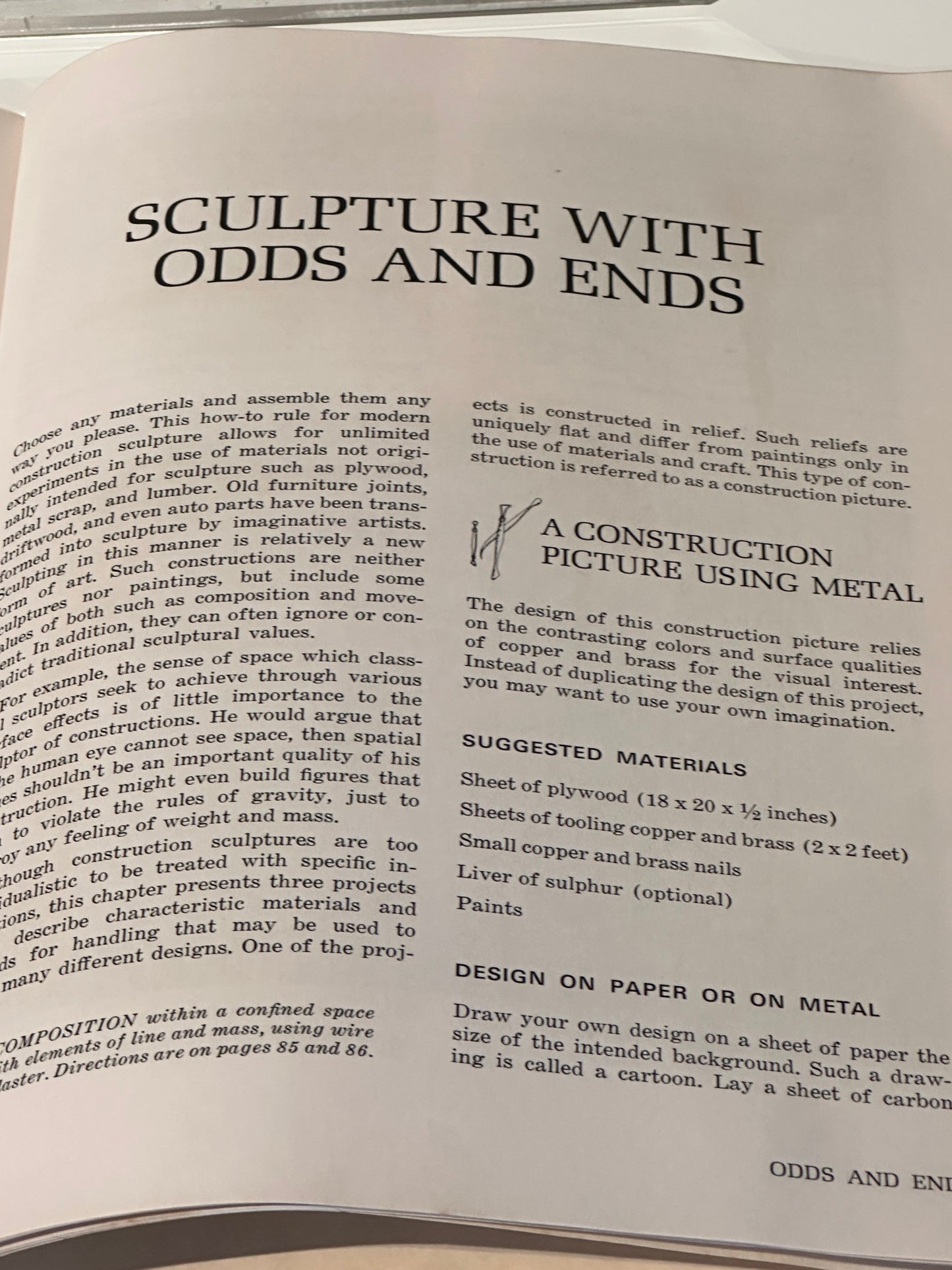 Interior page titled "Sculpture With Odds and Ends" with text and a construction picture using metal