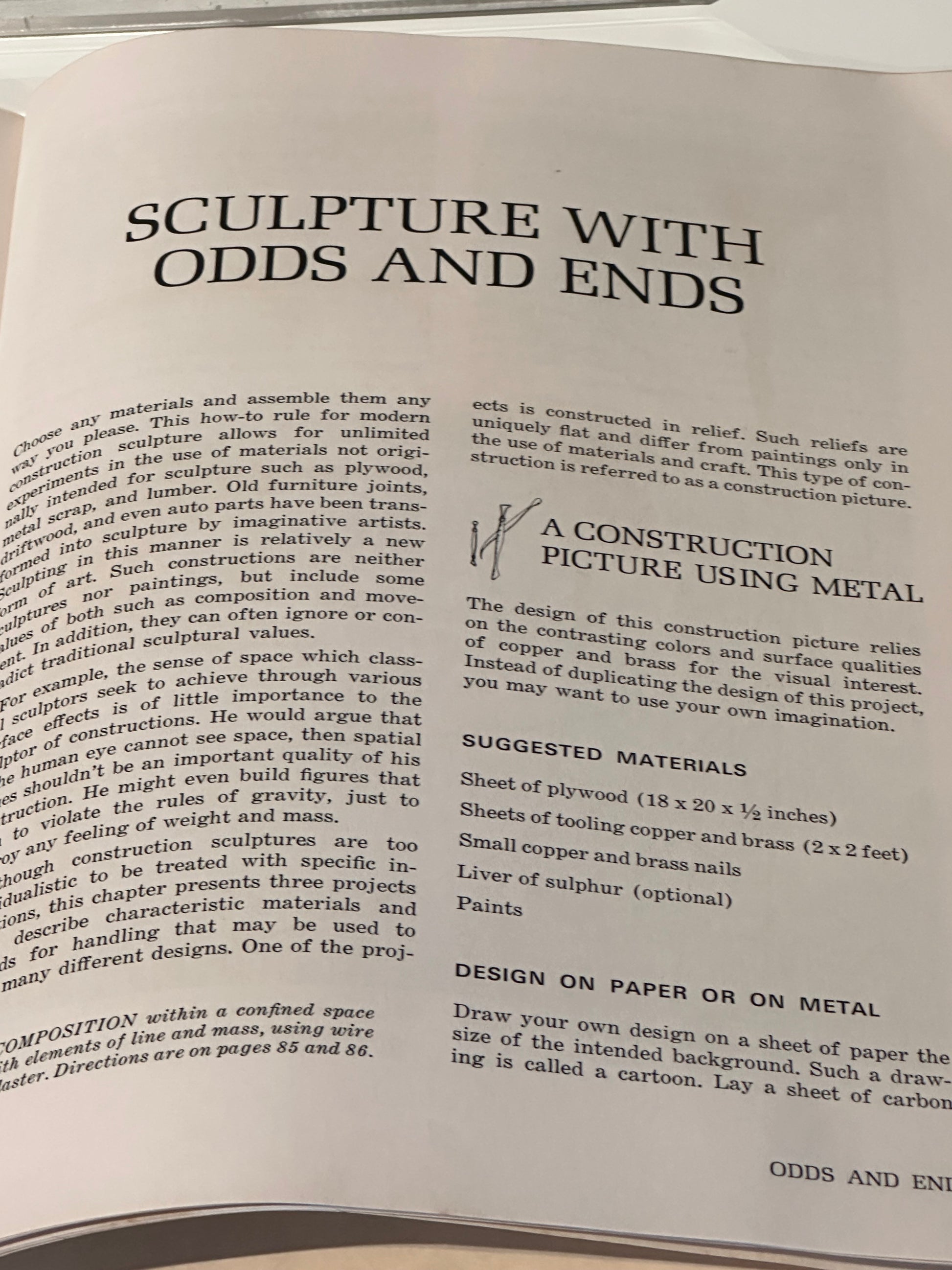 Interior page titled "Sculpture With Odds and Ends" with text and a construction picture using metal