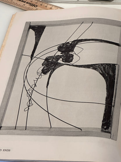 Interior page of sculpture book showing a black ink construction drawing of an abstract form