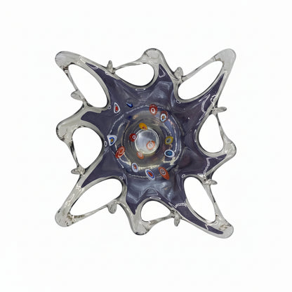 MCM Murano-style lavender and white art glass dish with splayed clear points and millefiori center