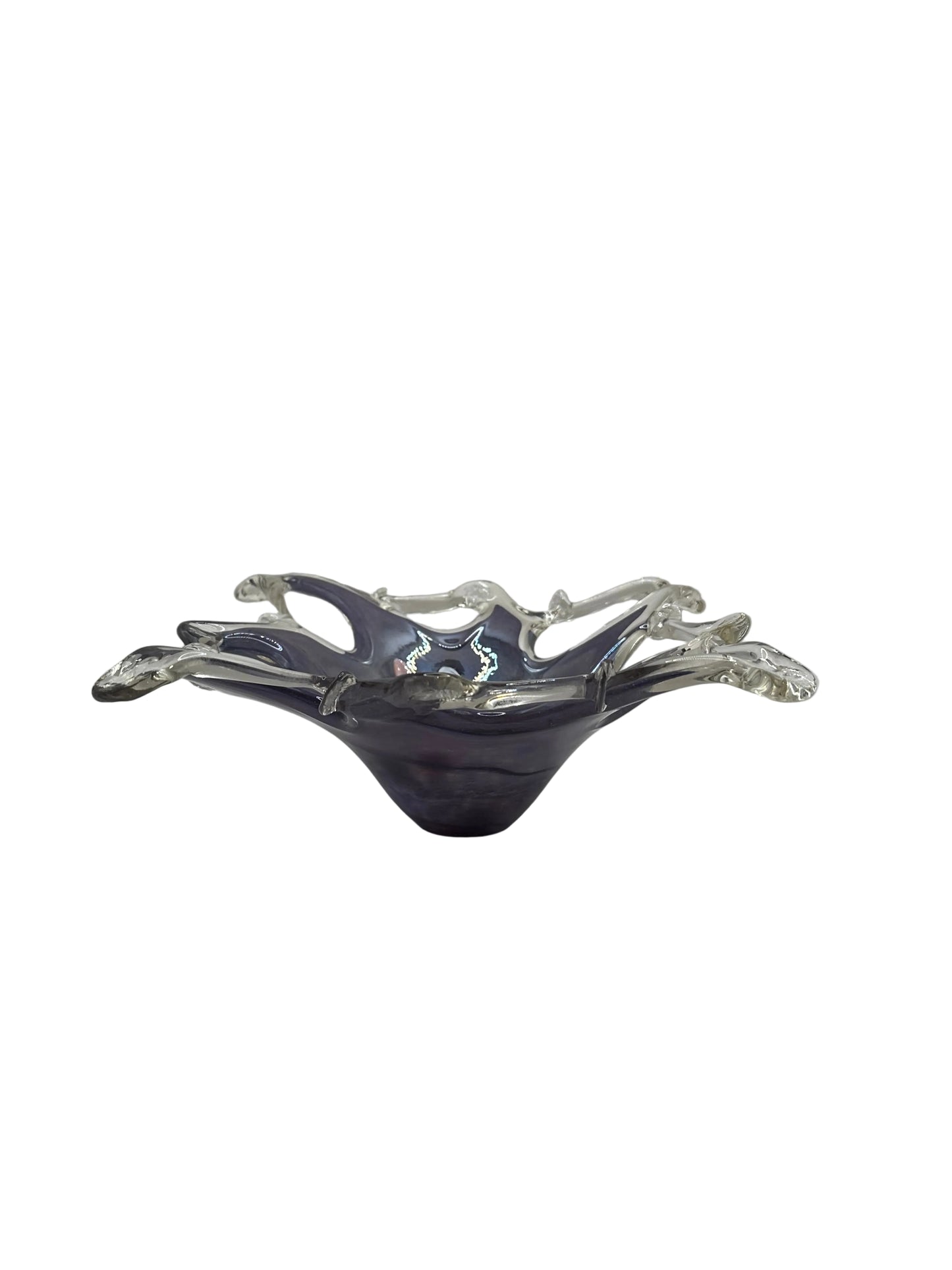 Side profile of Murano-style lavender glass dish showing flared clear rim points