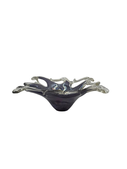 Side profile of Murano-style lavender glass dish showing flared clear rim points