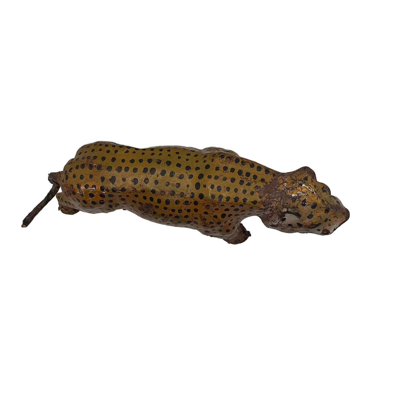 Vintage leather leopard figure seen from above, showing spotted back and elongated tail