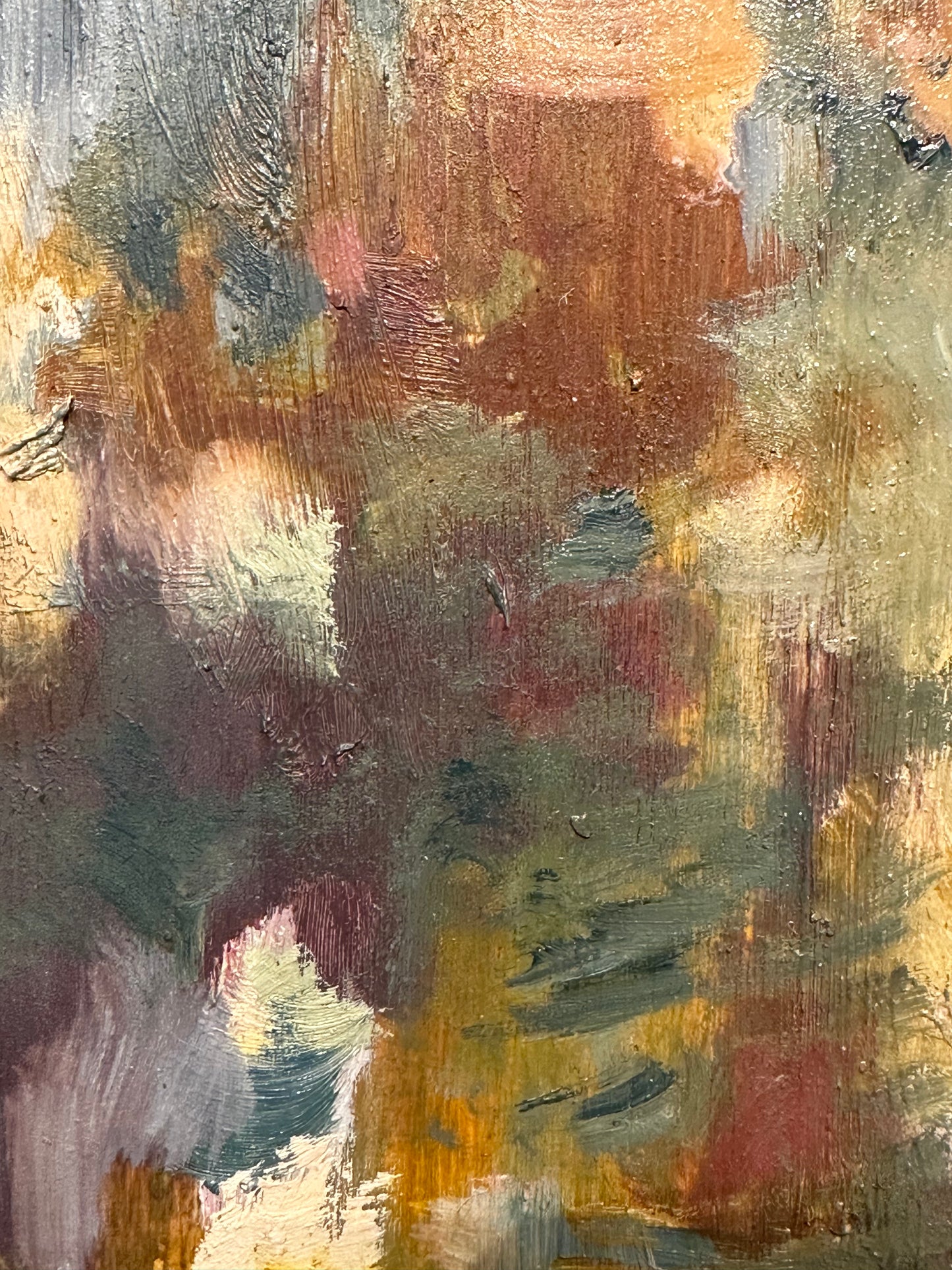 J.Dunn painting detail: blended strokes in rust, sage green, cream and grey