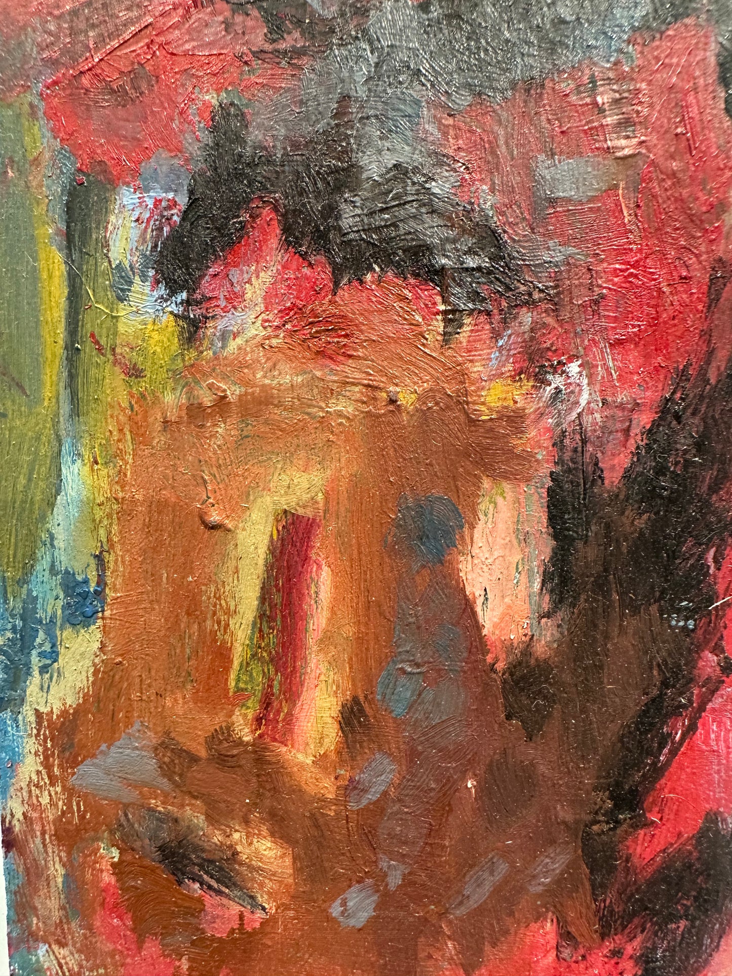 J.Dunn painting detail: expressive face rendered in red, brown, black and ochre