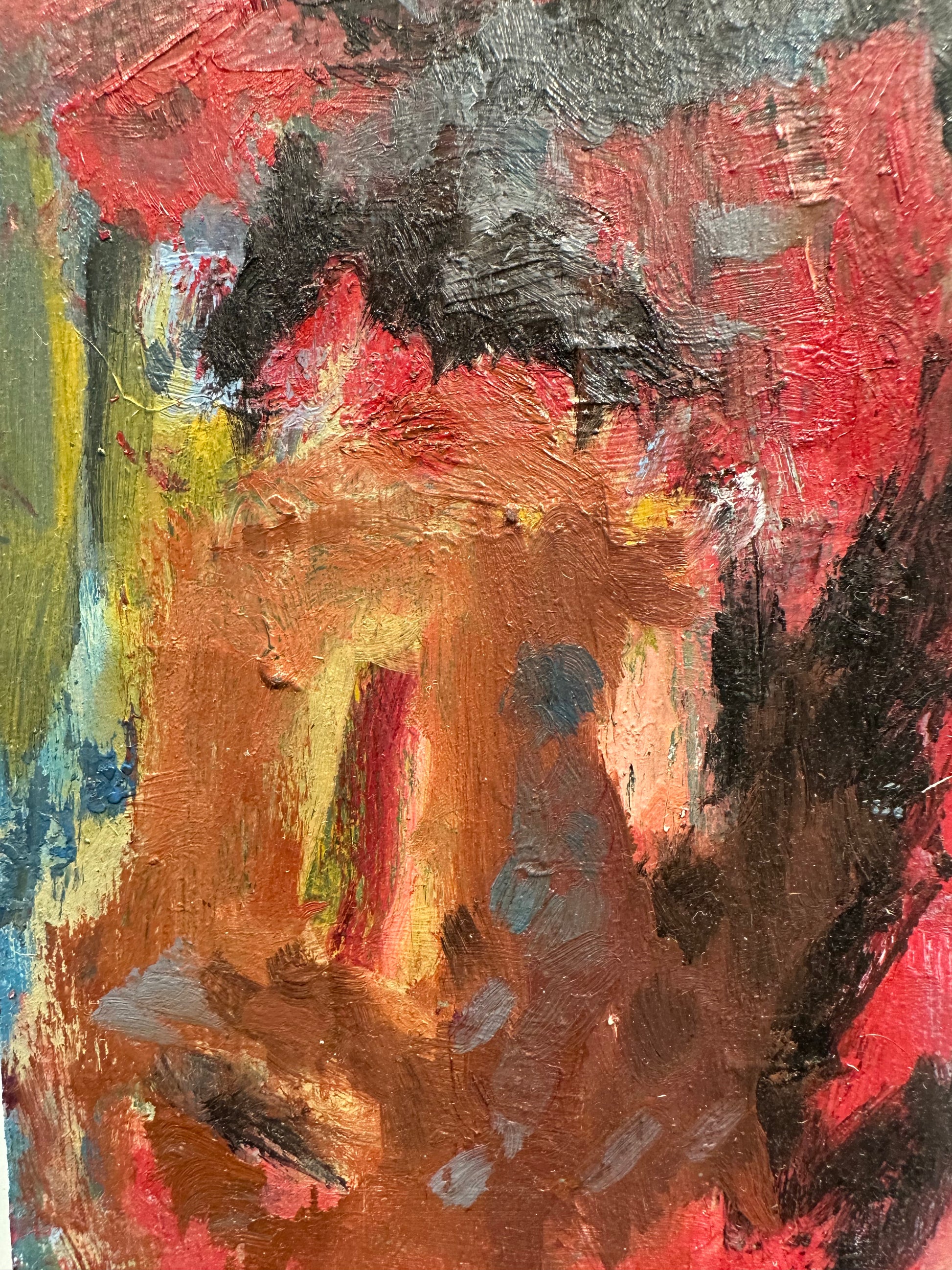 J.Dunn painting detail: expressive face rendered in red, brown, black and ochre