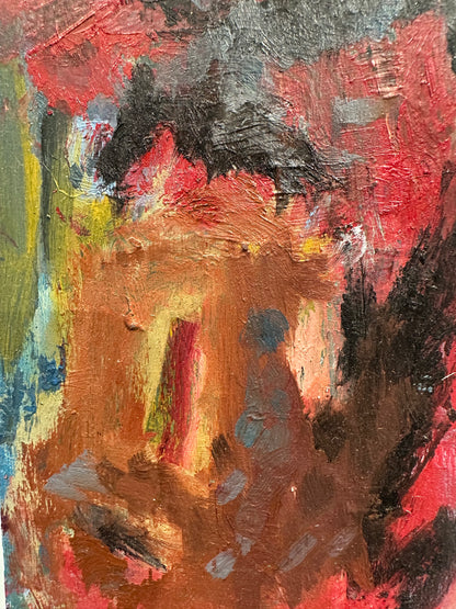 J.Dunn painting detail: expressive face rendered in red, brown, black and ochre
