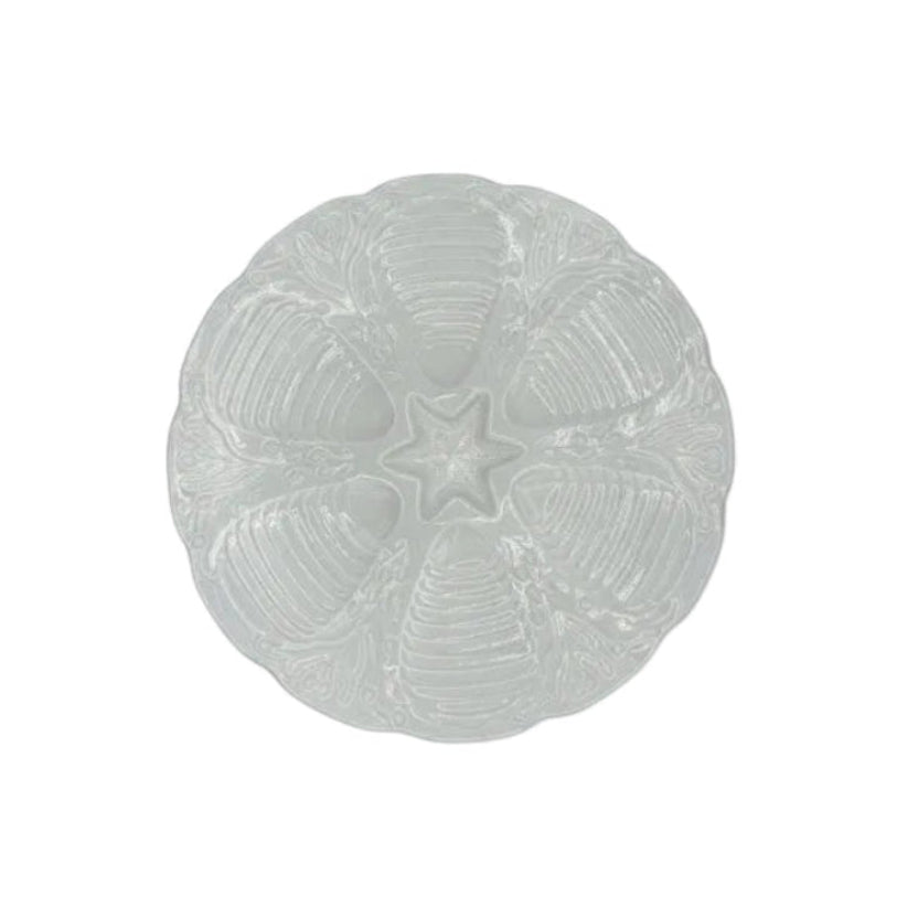 Vintage French white porcelain oyster dish with six molded wells around a central star