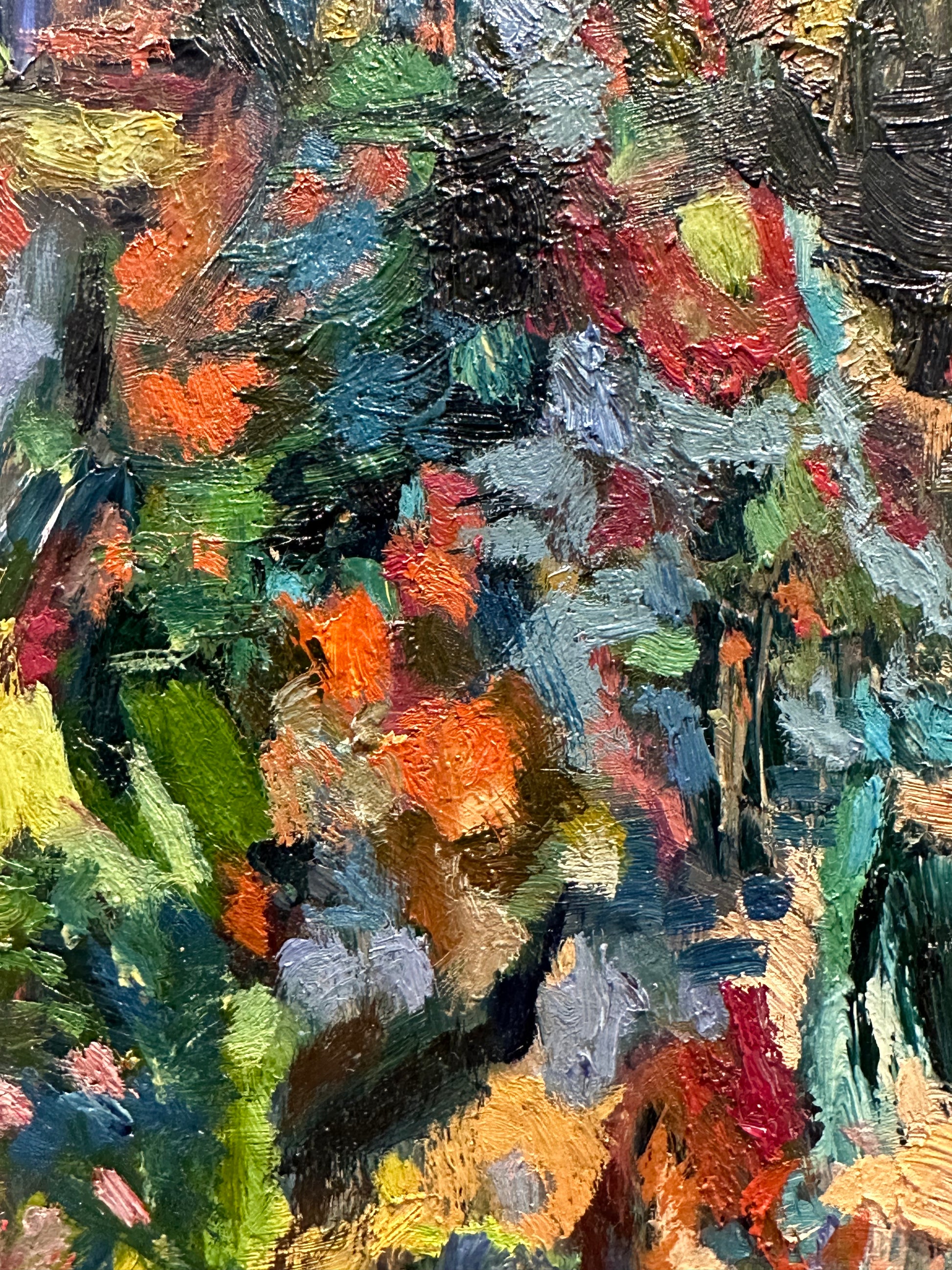 J.Dunn painting detail: impasto strokes in orange, teal, green and crimson