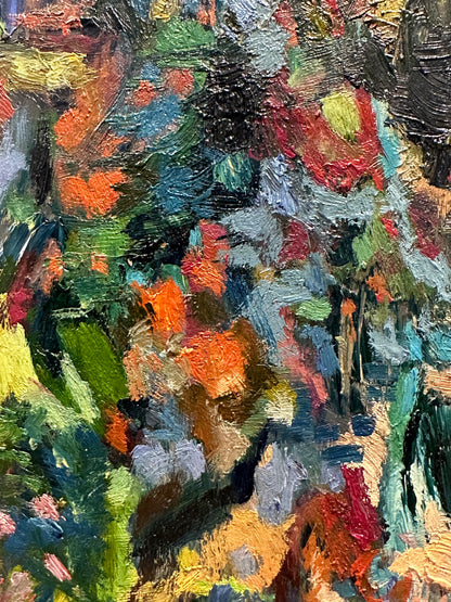 J.Dunn painting detail: impasto strokes in orange, teal, green and crimson