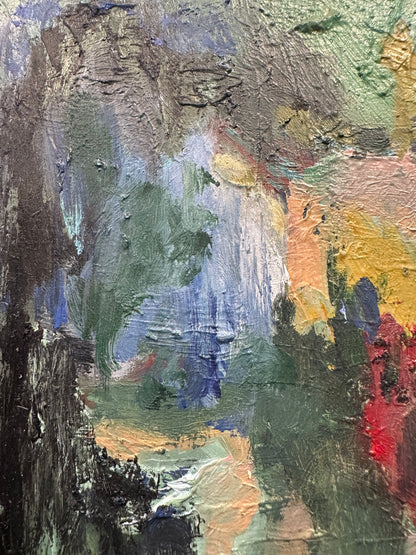 J.Dunn oil painting detail: soft blended strokes in grey, blue, green and yellow