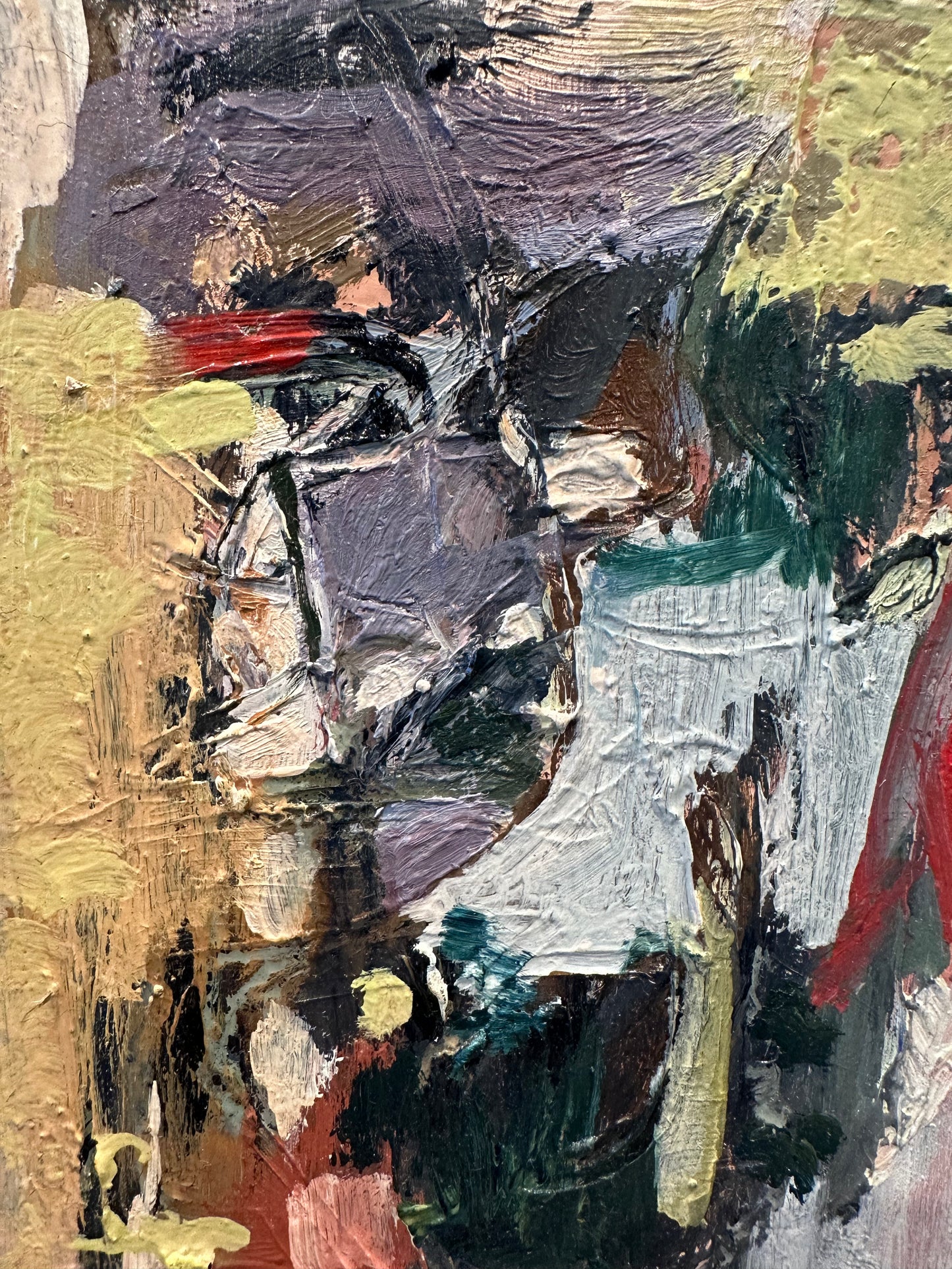 J.Dunn oil painting detail: textured strokes in violet, ochre, green and red