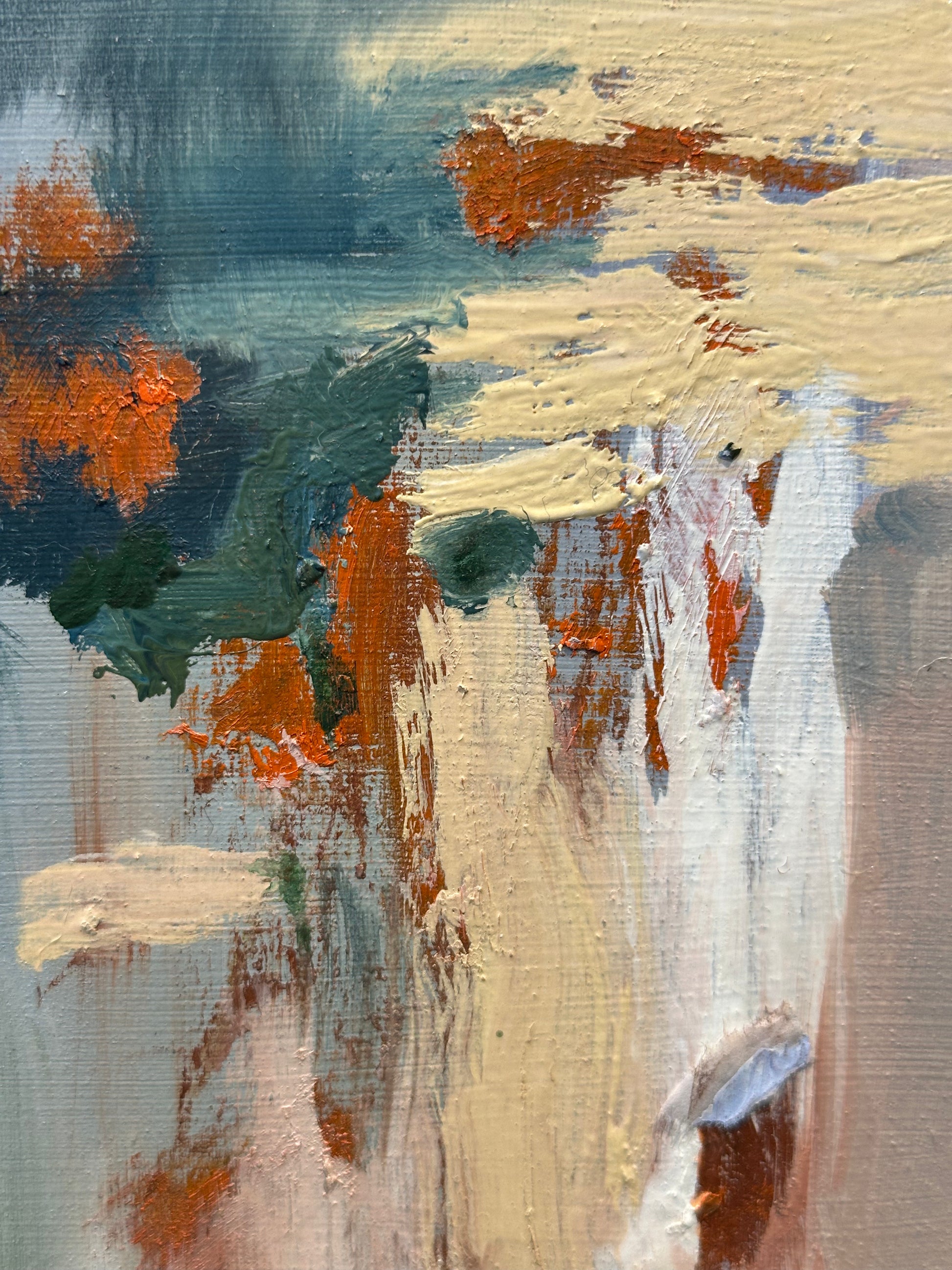 J.Dunn oil painting detail: brushwork in teal, rust, cream and white impasto