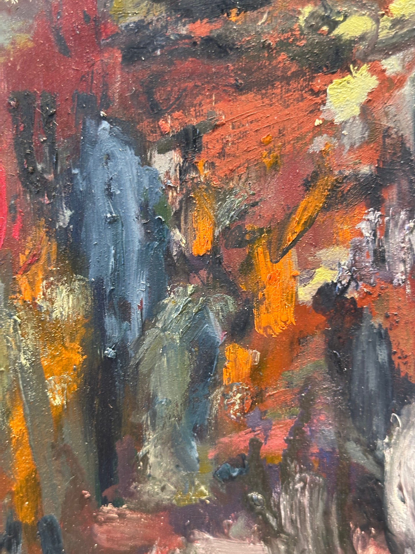 J.Dunn oil painting detail: impasto strokes in red, orange, slate-blue and cream