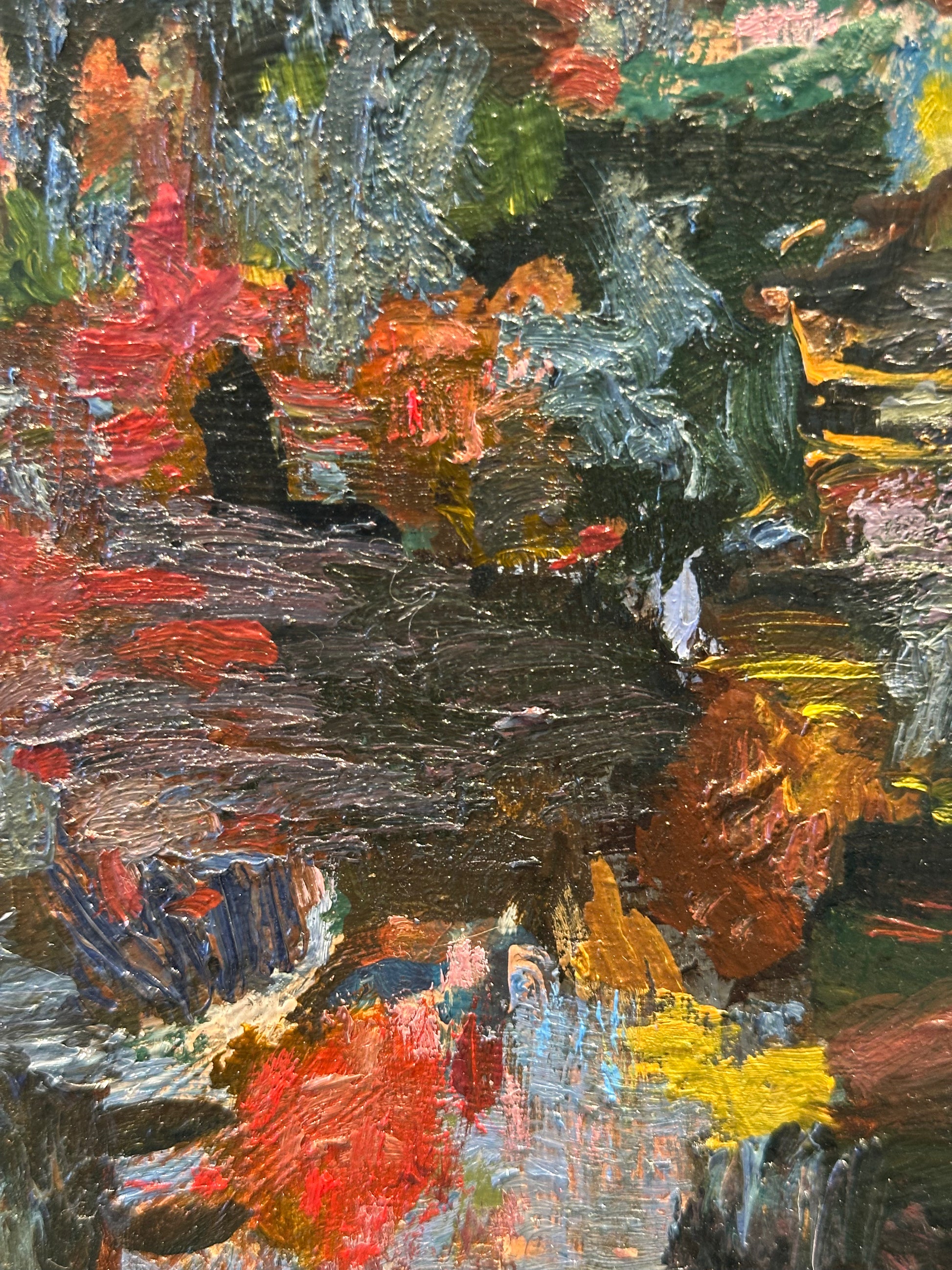 J.Dunn oil painting detail: dense brushwork in red, black, ochre and silver-blue
