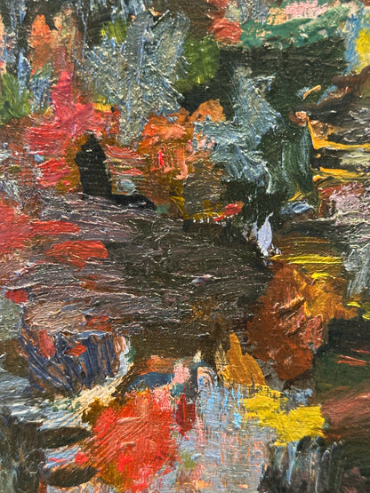 J.Dunn oil painting detail: dense brushwork in red, black, ochre and silver-blue