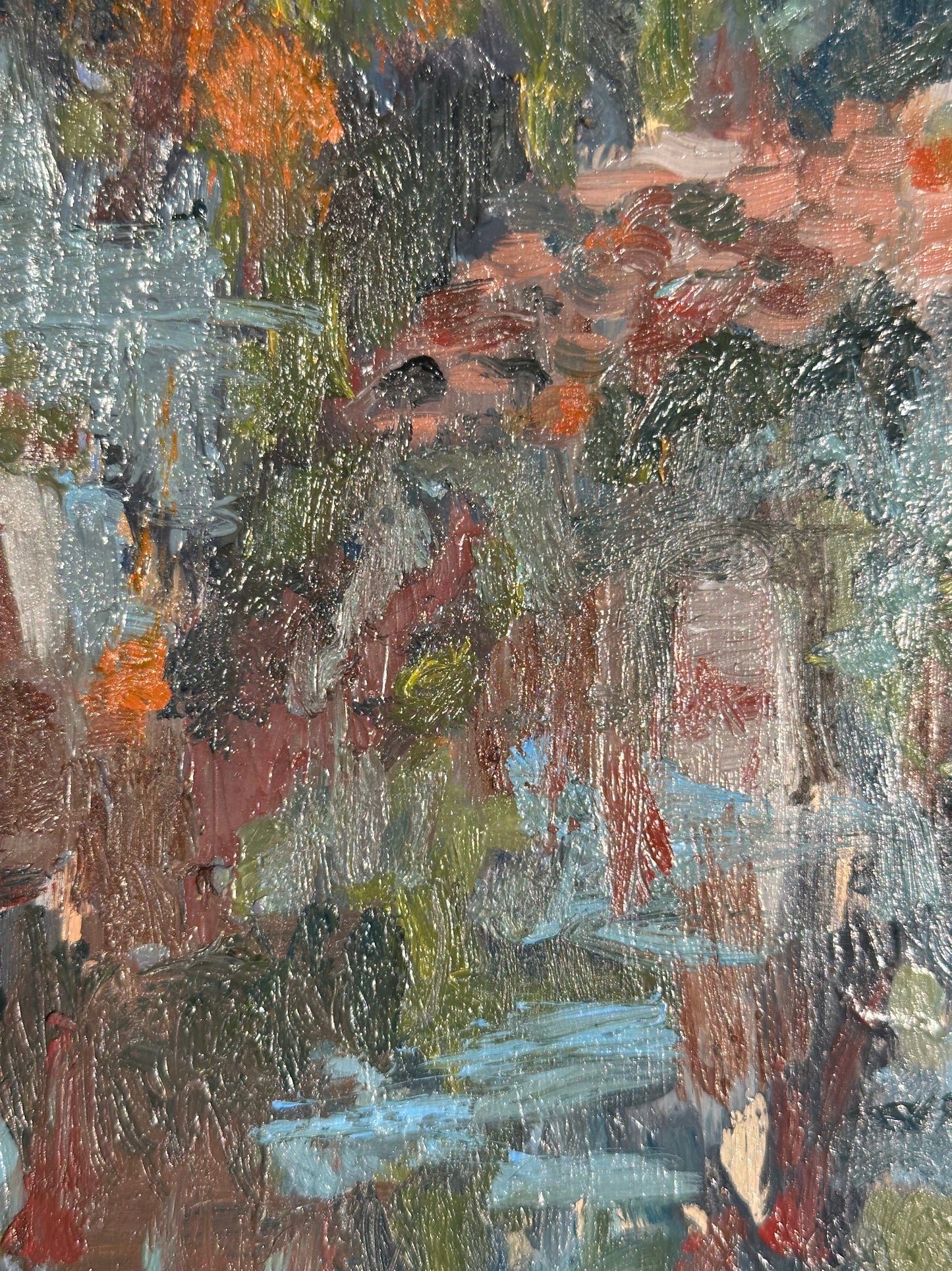 J.Dunn oil painting detail: layered strokes in orange, sage green, grey and rose