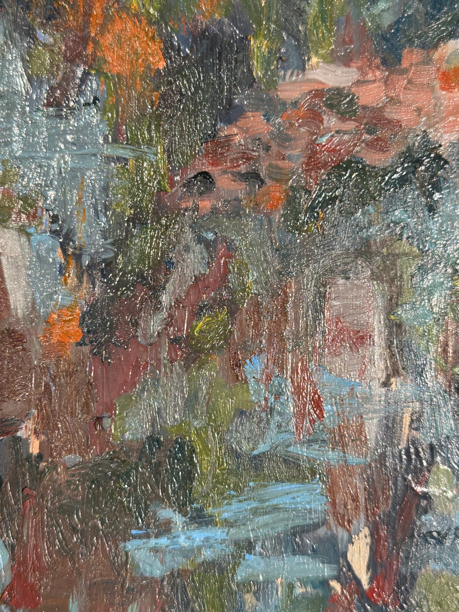 J.Dunn oil painting detail: layered strokes in orange, sage green, grey and rose