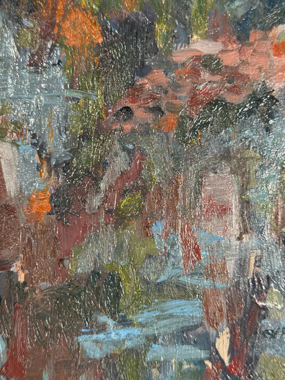 J.Dunn oil painting detail: layered strokes in orange, sage green, grey and rose