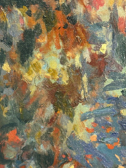 J.Dunn oil painting detail: textured brushwork in slate-blue, burnt orange and cream