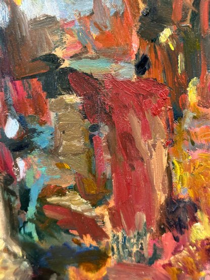 J.Dunn oil-on-board painting detail: impasto strokes in red, teal, ochre and grey