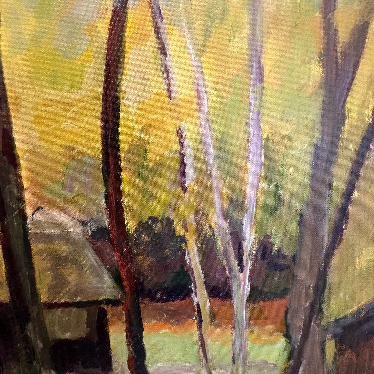 Detail of forest landscape painting: slender autumn tree trunks, golden foliage and a cabin roof at left.