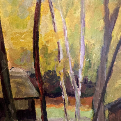 Detail of forest landscape painting: slender autumn tree trunks, golden foliage and a cabin roof at left.