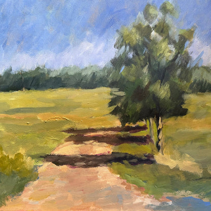Vintage landscape, acrylic on canvas: sandy country road curving past a shade tree through green fields, blue sky.