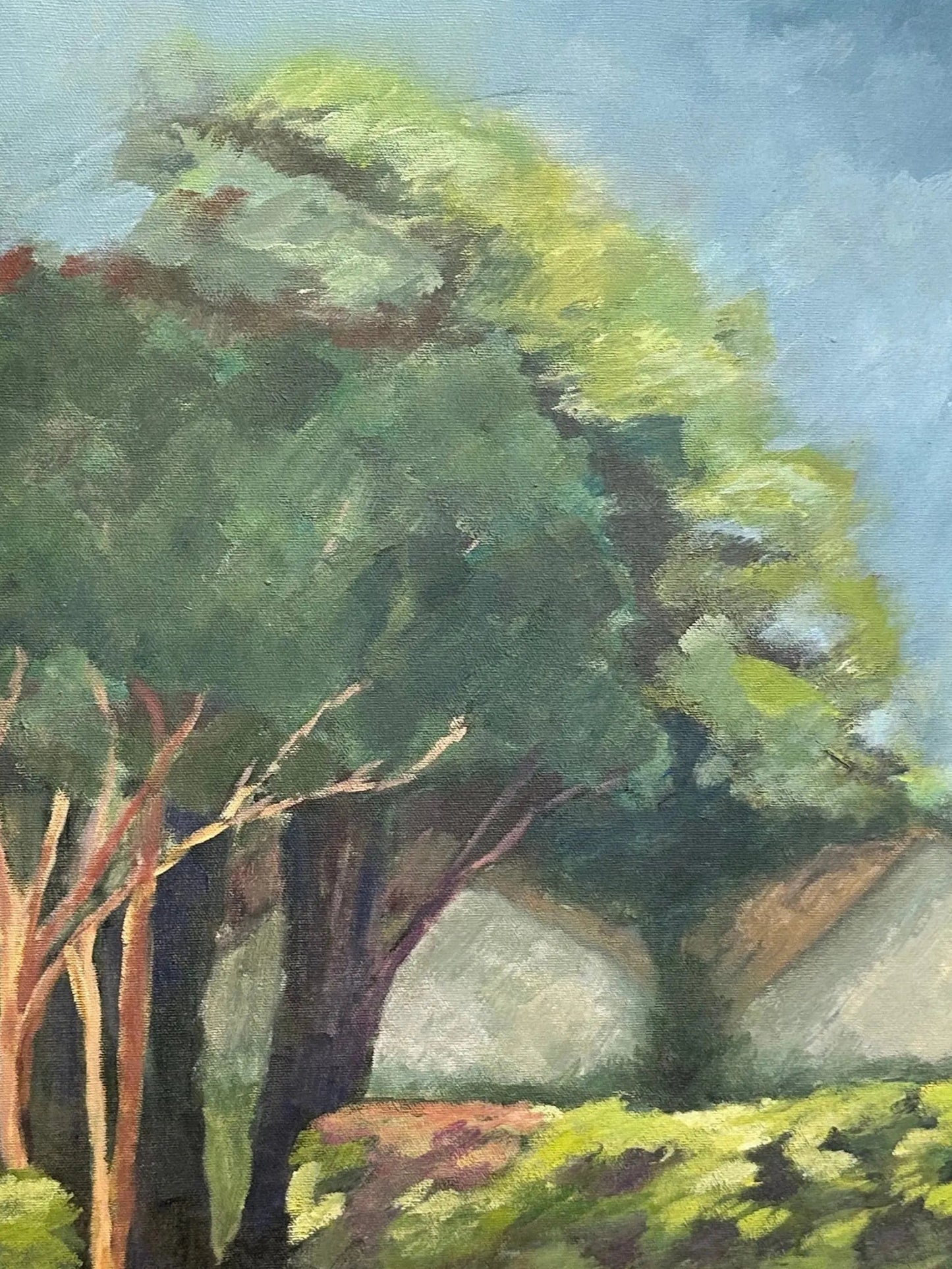 Vintage landscape, acrylic on canvas: windswept green trees with coral trunks and a house roof behind.