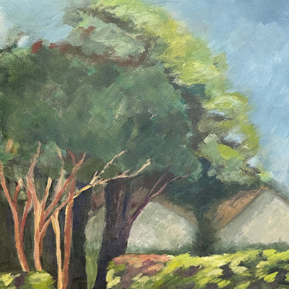 Vintage unframed landscape on canvas: leafy windswept trees and a gabled white house on a grassy hill.