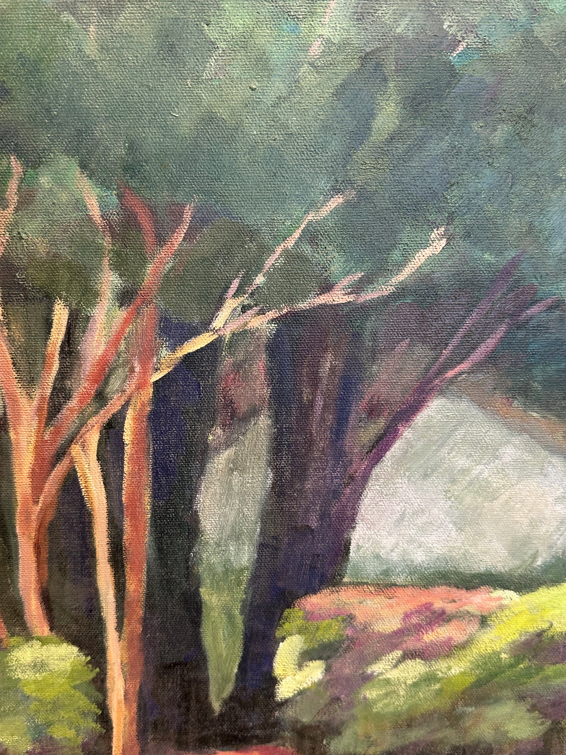 Detail of landscape painting: coral and dark tree trunks with a white house behind and grassy foreground.