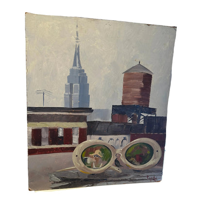 Vintage acrylic painting of NYC rooftops, the Empire State Building and a water tower, sunglasses resting in front.