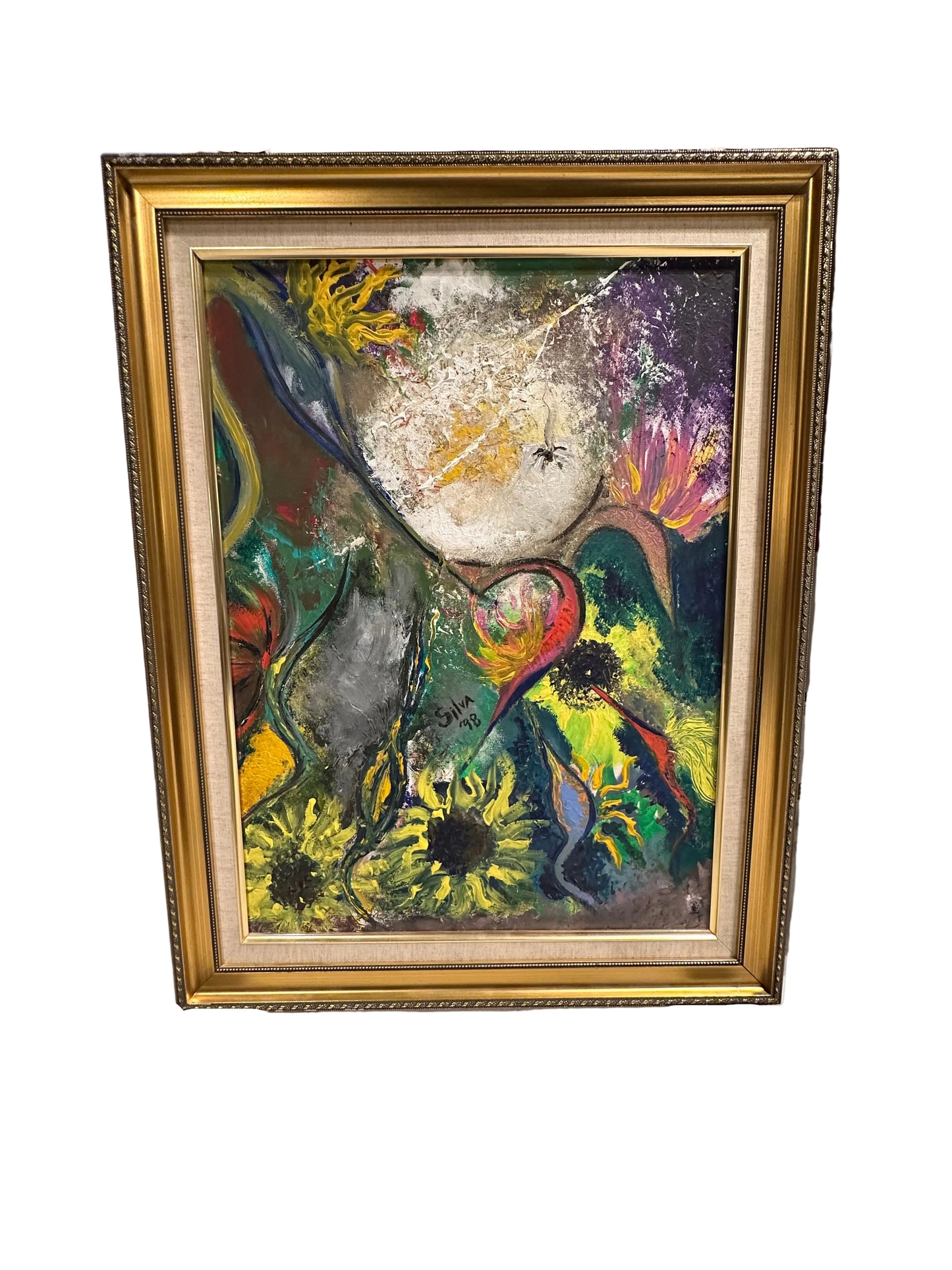 Framed abstract acrylic painting with sunflowers, red heart and pale moon, signed Silva 1998, gold frame