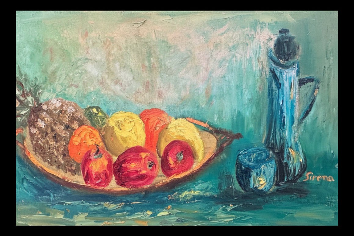 Vintage MCM fruit still life on panel, bowl of pineapple and apples with blue pitcher against teal, framed view.